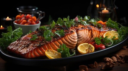 Delicious grilled salmon with vegetable topping, black and blurred background
