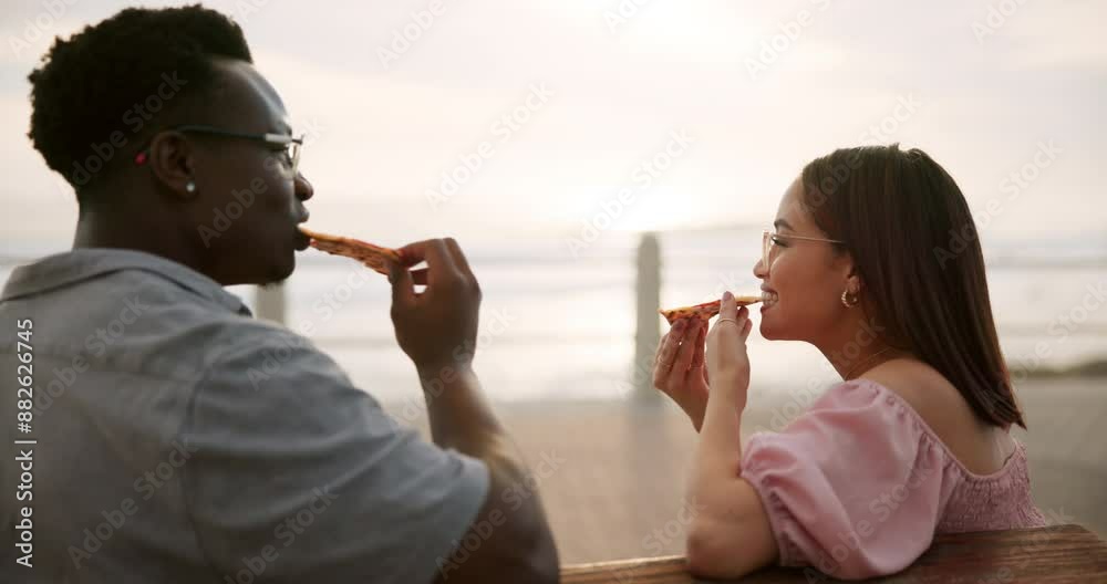 Poster Couple, pizza and eating outdoor by beach for date, celebration and anniversary in California. Excited interracial man and woman with fast food or lunch on bench by sea or ocean for travel on holiday