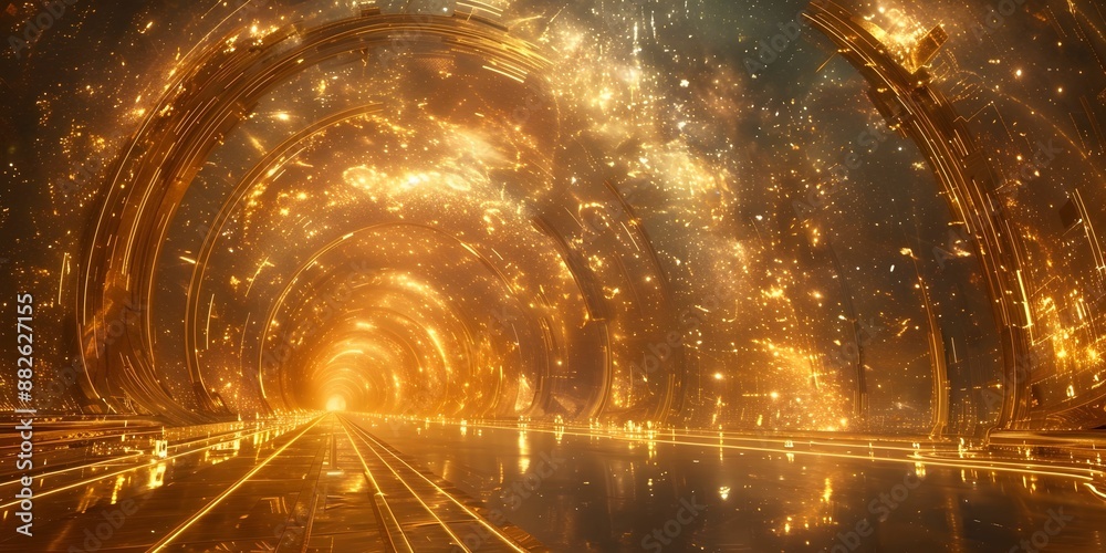 Canvas Prints a long, winding tunnel with a river of gold running through it. the tunnel is filled with stars and 