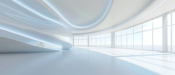 Fototapeta premium White empty futuristic room with blue light and ceiling, white background, curved lines, smooth curves, white interior design, large panoramic windows