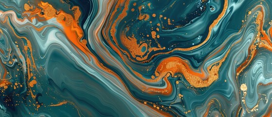 beautiful teal and orange colors meet gold powder in this luxurious marbling background ideal for a high-end and luxurious design