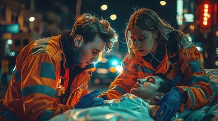 A man is laying on a stretcher with two paramedics attending to him