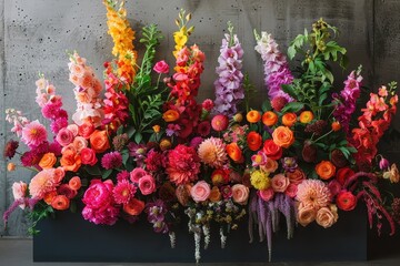 Fototapeta premium A stunning velvet podium adorned with a cascading waterfall of fresh flowers.