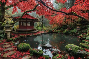 Creates a serene and tranquil atmosphere in a Japanese garden with a red maple as the centerpiece.
