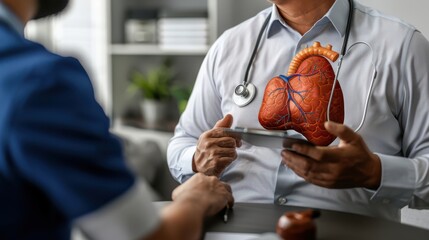 A doctor is showing a patient a model of a heart