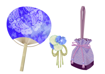 団扇と巾着バッグと髪飾りの水彩画の素材