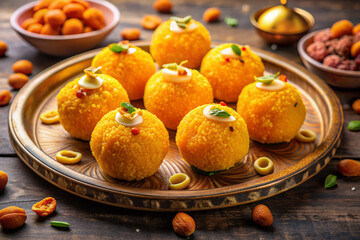 Vibrant orange and yellow laddoos made from semolina, garnished with chopped nuts and dried fruits, sit on a decorative platter, ready for Diwali celebrations.