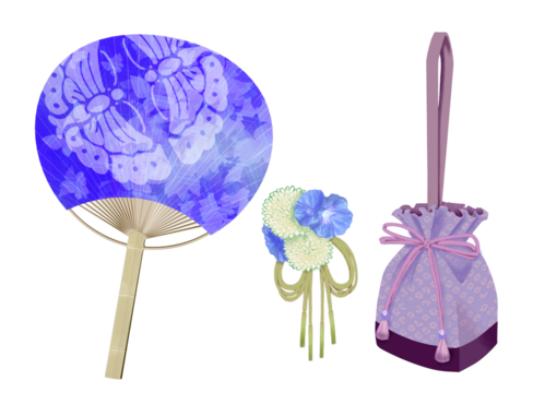 団扇と巾着バッグと髪飾りの水彩画の素材