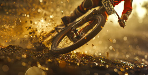 Fototapeta premium Bmx motocross. Close-up of a man riding a bmx bike on a dirt road, with mud splattering around him. The moment of the fall is captured