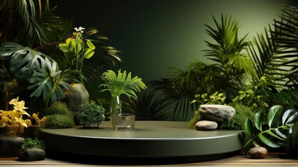 Obraz premium podium product stand or display with leaf, green background and cinematic light