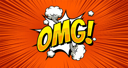 Fototapeta premium Comic lettering omg. Comic speech bubble with emotional text OMG. Vector bright dynamic cartoon illustration in retro pop art style isolated on white background. Comic text sound effects