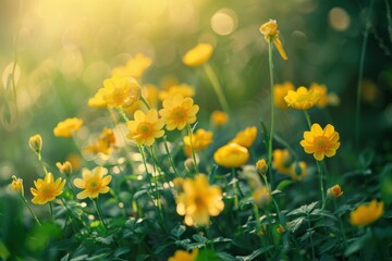 Fototapeta premium A field of yellow flowers with a bright sun shining on them