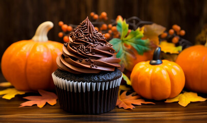 chocolate cupcake in autumn setting