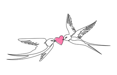 Two birds on heart background, vector illustration, Two gold doves with a heart. A symbol of love and happiness. Wedding logo with two doves. Vector illustration, One continuous single line of two.