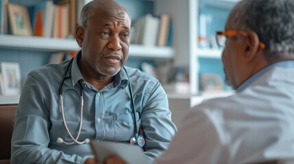 Obraz premium A man is sitting in a doctor's office with a tablet in front of him