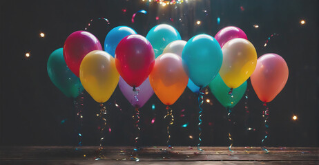 Joyful Birthday Celebration Display: A Beautiful Mix of Colorful Balloons and Glittering Confetti for a Cheerful Background
