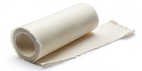 Fototapeta premium Isolated white adhesive roll with torn edge lying horizontally on a clean white background, providing a neutral and minimalist composition.