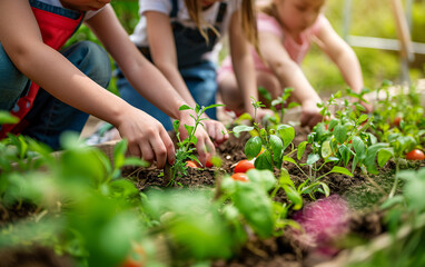 Fototapeta premium Children at school taking care of the plants in the garden as a part of their learning and education.