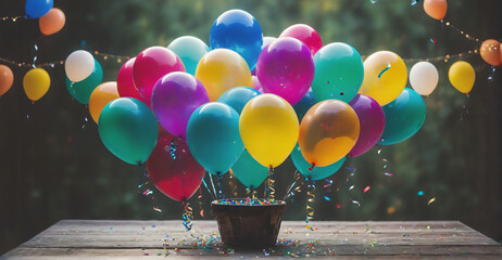 Colorful Birthday Scene: Featuring Lively Balloons and Sparkling Confetti for a Joyous and Festive Background Setting
