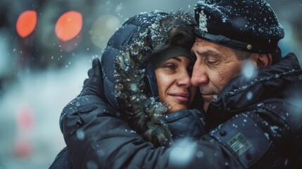 A man and a woman are hugging each other in the snow