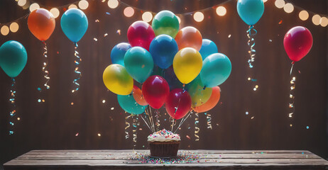 Beautiful Birthday Scene with a Burst of Bright Balloons and Glittering Confetti Creating a Joyous Celebration
