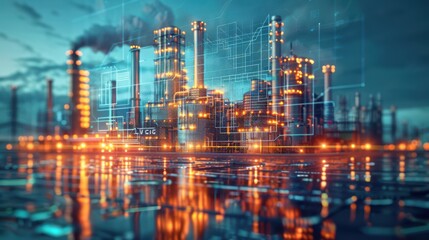 A city skyline with a lot of lights and a lot of smoke