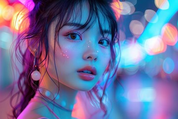 A cyberpunk portrait depicting an Asian teenager in a futuristic cityscape with neon aesthetics.