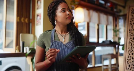 Restaurant, waitress and woman with tablet for online order, e commerce and website. Female person, manager and tech for sale promotion and digital inventory in cafe or stock, thinking or checklist