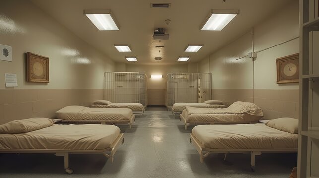 A row of hospital beds are lined up in a room