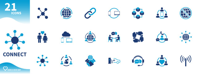 Connect icon. Set of icons of connection, solidarity, communication, social media, internet, handshake, global