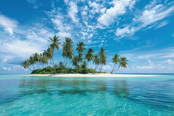 A beautiful island with palm trees and a clear blue ocean