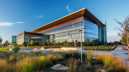 Fototapeta premium Modern office building with landscaped grounds.