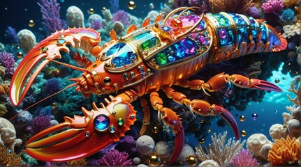 Jewel-Encrusted Mechanical Lobster in Coral Reef