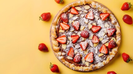 Chocolate and Strawberry Dessert Pizza on Yellow Background.