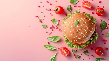 Delicious Burger with Tomatoes and Greens on Pink Background.