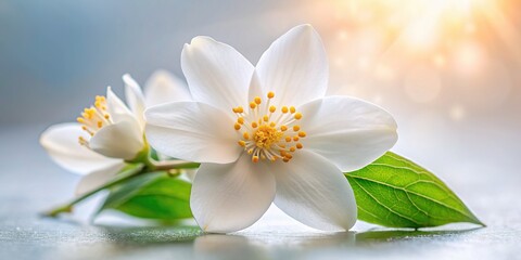 Obraz premium Delicate white jasmine flower with yellow center isolated on soft studio background, showcasing intricate details and gentle curves of its fragrant blooms.