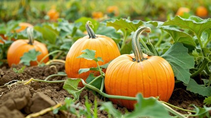 Bright orange pumpkins growing on a vine in a lush green pumpkin patch, ready for harvest, showcasing autumn agricultural abundance.