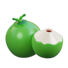 3d Green coconut with brown top and white inside suitable for tropical themed designs, healthy living concepts, exotic fruit illustrations, and naturerelated projects.
