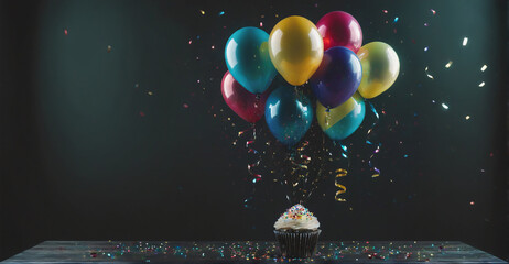 Colorful Birthday Background Display: A Festive Arrangement of Balloons and Shimmering Confetti to Enhance the Celebration
