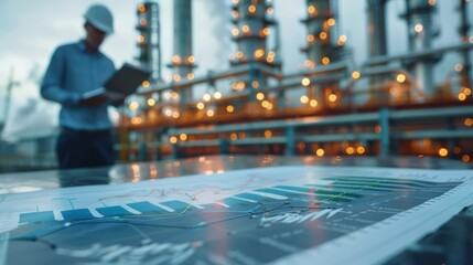 A man is standing in front of a large industrial plant