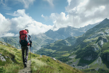 Obraz premium A hiker walking towards the mountains, enjoying the outdoor adventure and peaceful solitude.