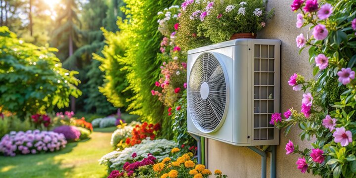 Modern compact ductless air conditioning unit mounted on a wall in a serene backyard garden surrounded by lush greenery and vibrant blooming flowers.