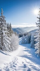 Obraz premium snowy path in the mountains with trees and sun shining