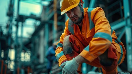 A man in a yellow and orange safety suit is kneeling down