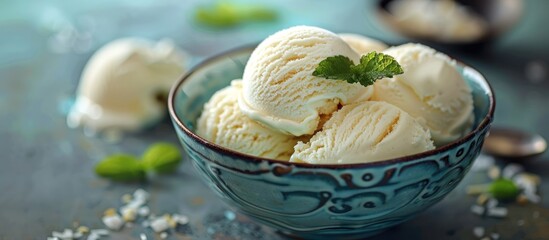 A Bowl of Creamy Vanilla Ice Cream with Mint Garnish