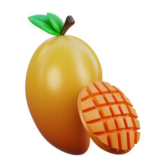 3d Whole mango with green leaves and sliced mango section, suitable for tropical fruit marketing materials, food blogs, recipe illustrations.