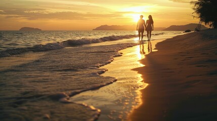 Close-up of a couple walking along the beach at sunset on Koh Samui, holding hands and enjoying the beautiful scenery, with the sun setting over the ocean in the background, Portrait close-up,