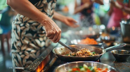 Close-up of tourists enjoying a cooking class at a local Thai restaurant on Koh Samui, learning to make traditional dishes, with ingredients and cooking utensils in the background, Portrait close-up,
