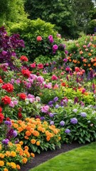 Obraz premium brightly colored flowers in a garden with a bench in the middle