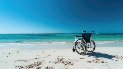 Fototapeta premium Empty Wheelchair on Sun-Drenched Beach Inspiring Possibilities and Limitless Freedom